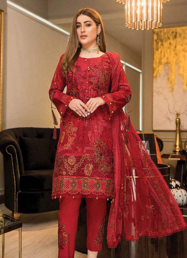 Buy Red Embroidered Lawn Suit With Bamber Chiffon Dupatta in UK Style ID DPC 941 Diya