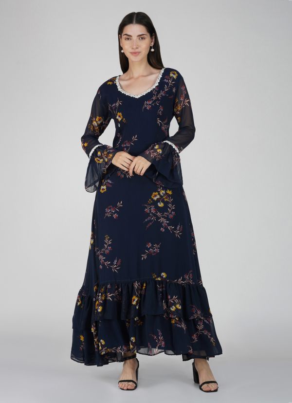 Buy Navy Blue Georgette Floral Printed A Line Frill Dress in UK Style ID DR 652 Diya
