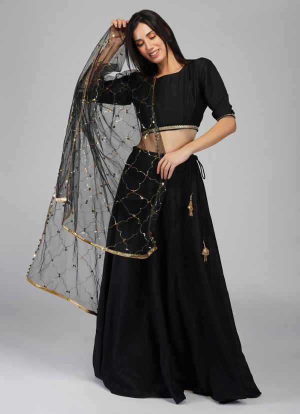 Buy Black Lehenga Choli In Georgette With Floral Print, Woven Motifs And  Mirror Abla Embroidery Online - Kalki Fashion
