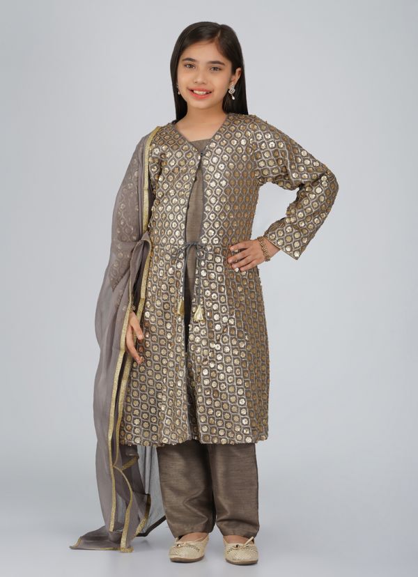 Buy Girls Grey Sequin Embroidered Jacket Suit in UK Style ID KS 3026 Diya