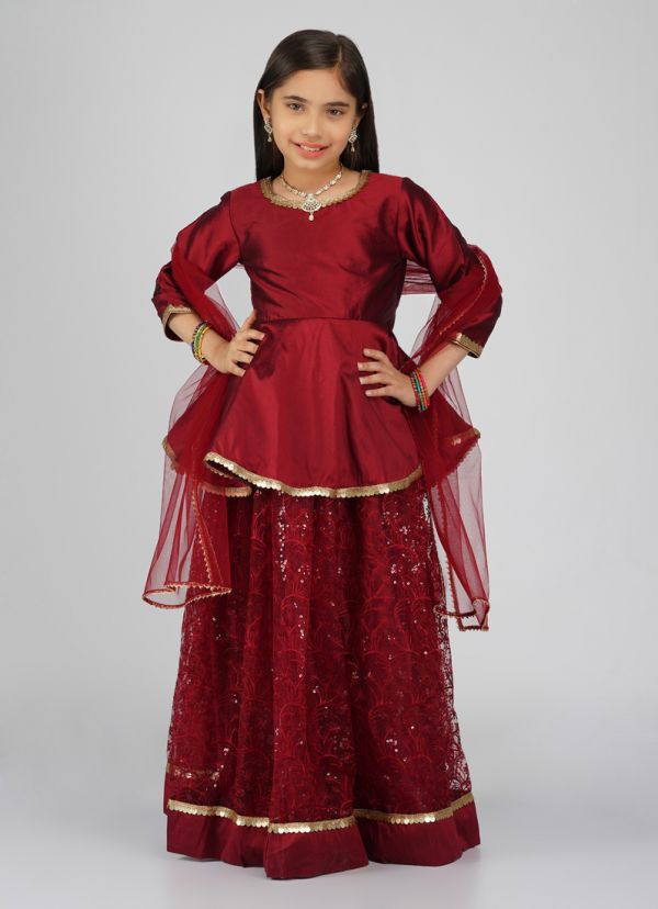 Buy Girls Maroon Net Embroidered Lehenga Set in UK Style ID KS 3027 Diya