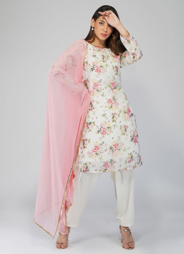 Let at forstå At håndtere matematiker Buy White Georgette Shift Floral Printed Suit Set in UK - Style ID: LS-6072  - Diya
