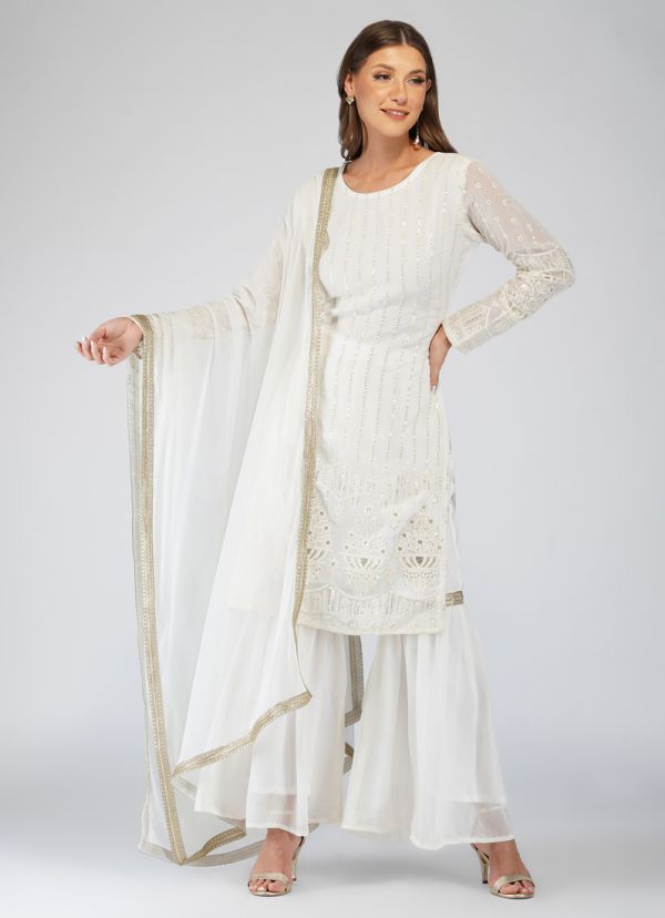 White heavy lucknowi and mirror work kurti with lining – Indi Ethnics