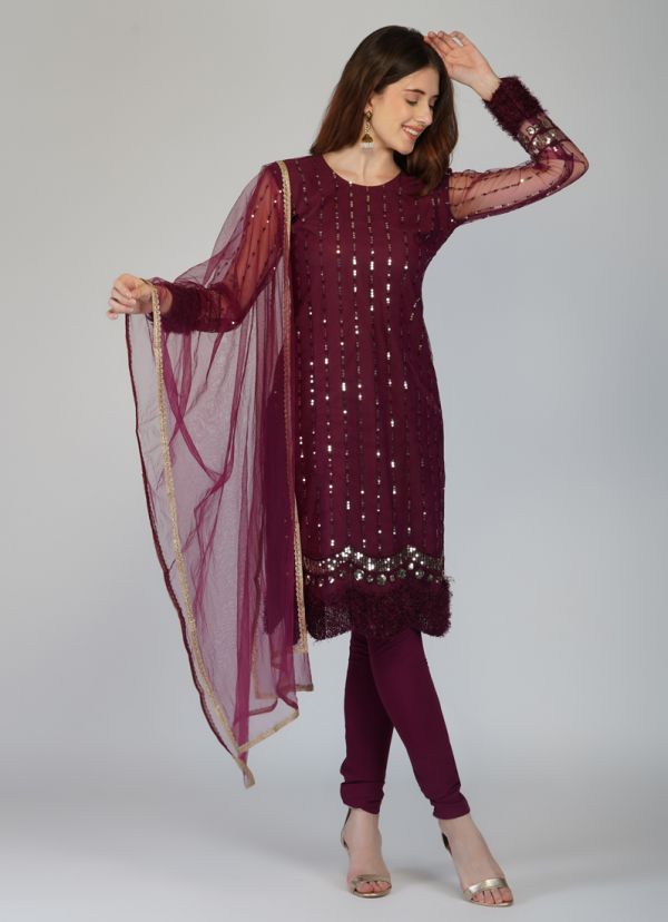 Buy Wine Net Sequins Embroidered Straight Cut Suit Set in UK