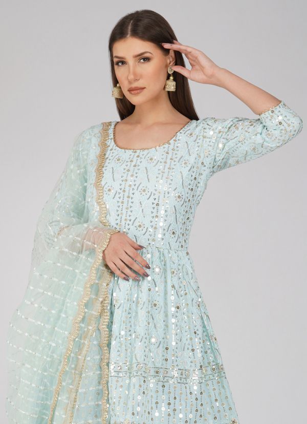 Buy Light Blue Georgette Embroidered Peplum Suit Set in UK Style ID LS 7040 Diya