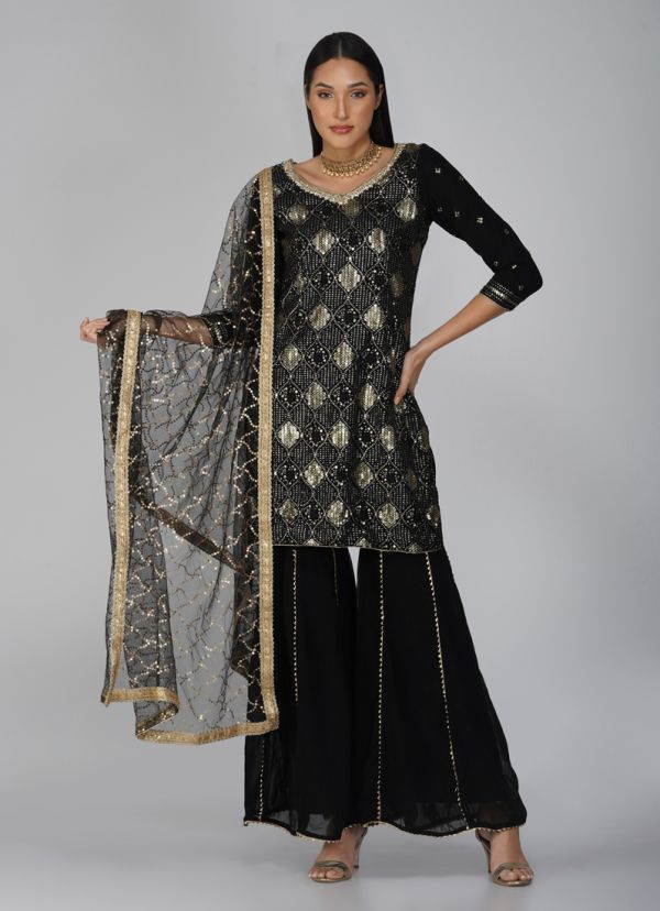 Buy Black Georgette Sequins Shift Style Gharara Suit Set in UK