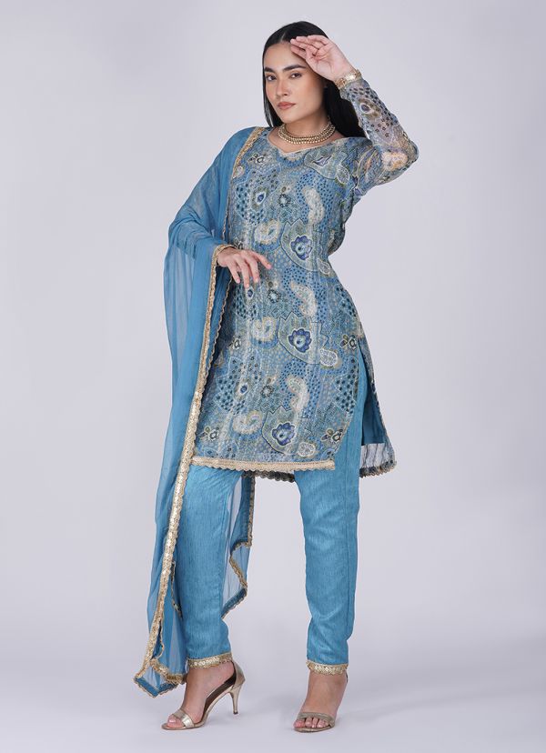 Buy Blue Printed Georgette Lurex Pencil Trouser Suit in UK Style ID LS 7491A Diya