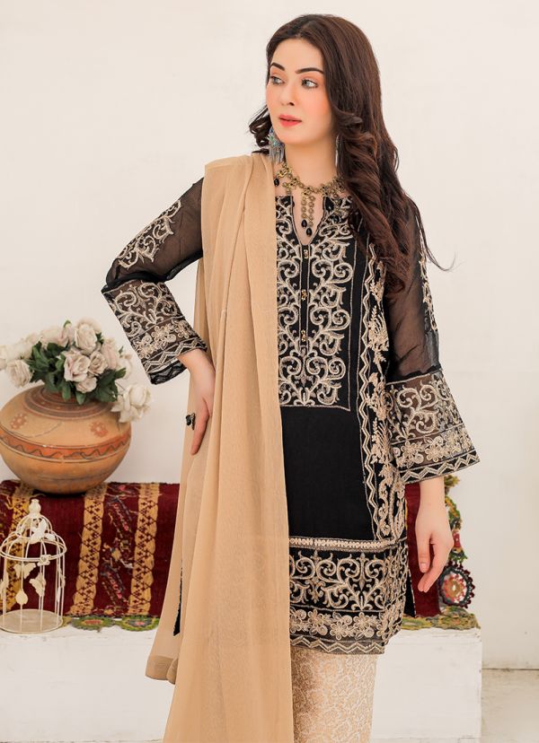 Buy Black Chiffon Jacqaurd Salwar Suit Set in UK Style ID PLS 7579 Diya