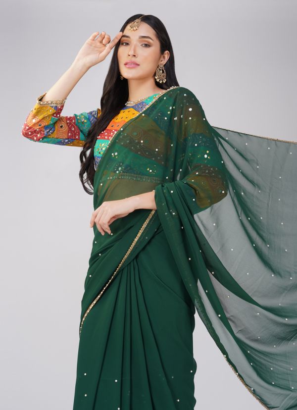 Handmade Floral Designer Half And Half Saree, Partywear Georgette Saree, Pastel discount green black Gotta work, Custom Blouse Stitching Available