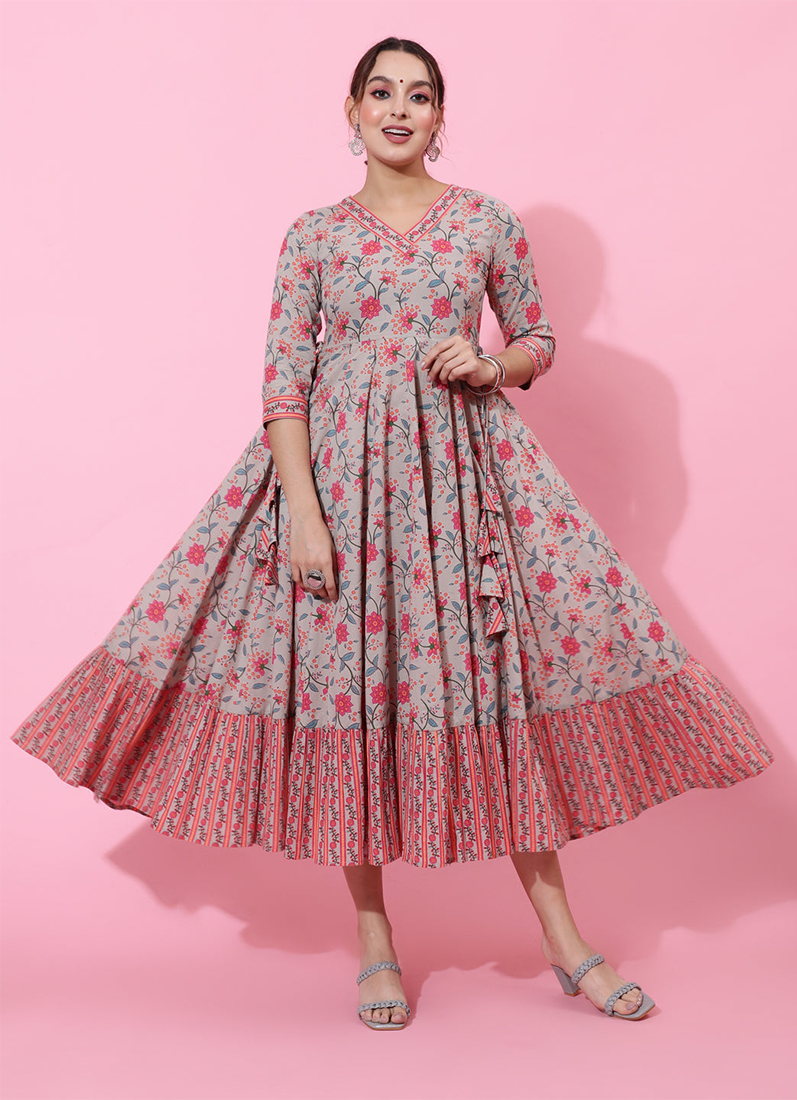 Buy Beige Cotton Printed Bias Cut Dress in UK - Style ID: DR-653 - Diya