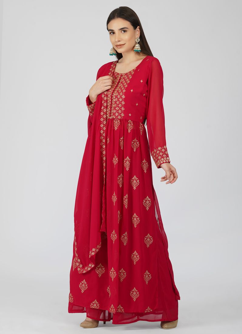 Buy Red Georgette A-line Gold Zari Work Suit Set in UK - Style ID: LS ...