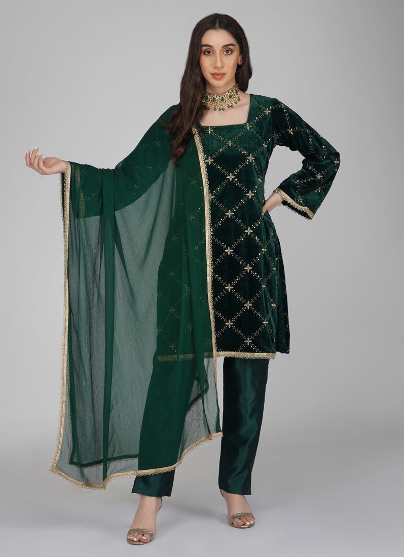 Buy Dark Green Velvet Sequins Embroidered Suit Set in UK - Style ID: LS ...