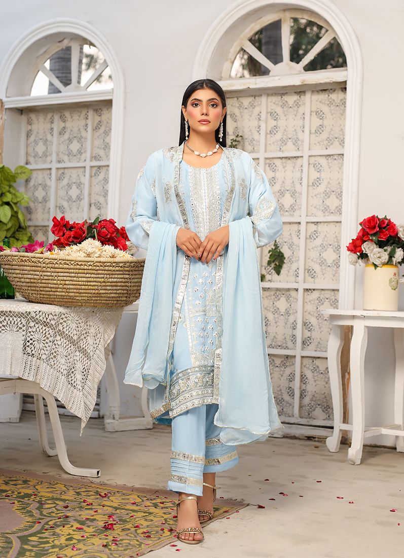 Buy Light Blue Viscose Embroidered Jacket Style Suit Set in UK - Style ...