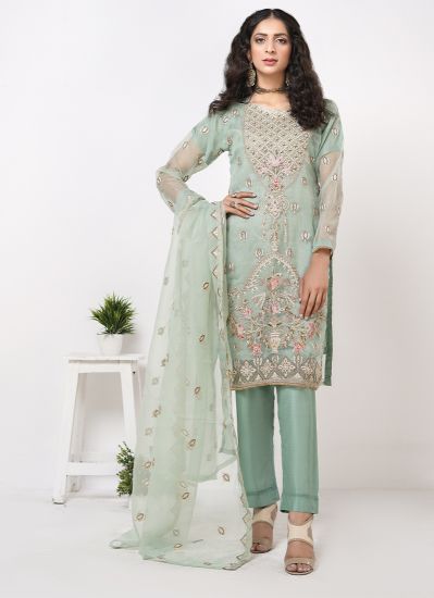 Blue Embroidered Straight Cut Suit Set
