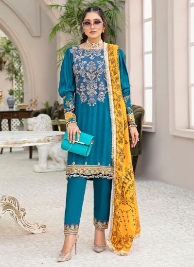 Buy Blue Linen Pakistani Suit With Linen Trouser & Shawl