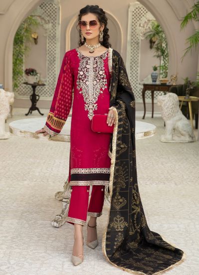 Buy Magenta Linen Pakistani Suit With Linen Trouser & Shawl