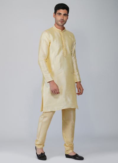 Ivory Dupion Silk Resham Threadwork Kurta Churidaar Set