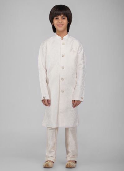 Boy's Cream Poly Jacquard Shervani Pajama Set