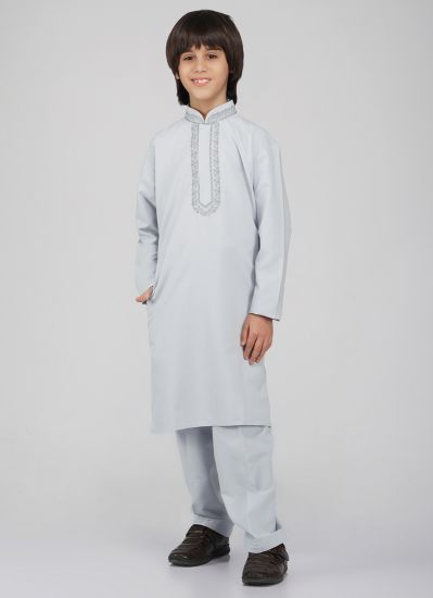 Buy Boy's Grey Polyester Resham Thread Embroidered Kurta Salwar Set