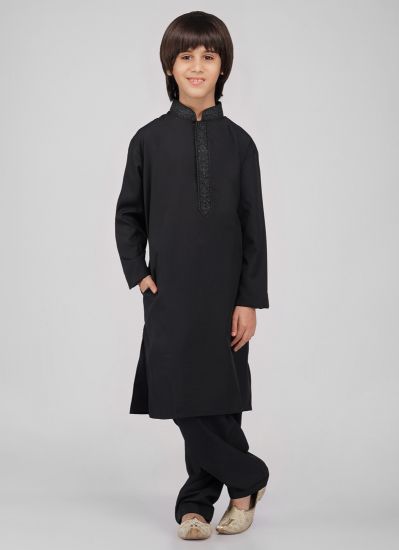 Buy Boy's Black Polyester Resham Thread Embroidered Kurta Salwar Set