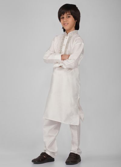 Buy Boy's Off-White Zari Embroidered Raw Silk Kurta Pajama Set