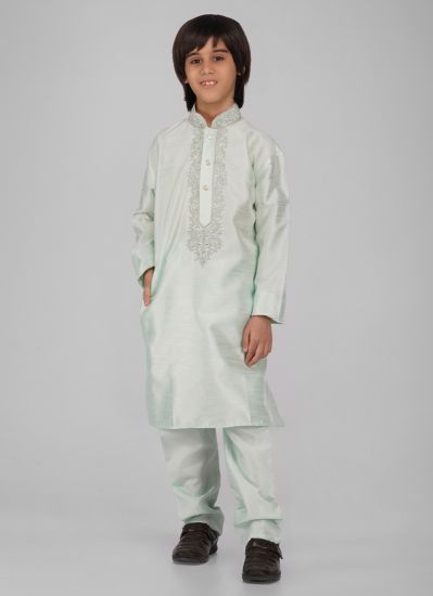 Buy Boy's Mint Green Zari Embroidered Raw Silk Kurta Pajama Set