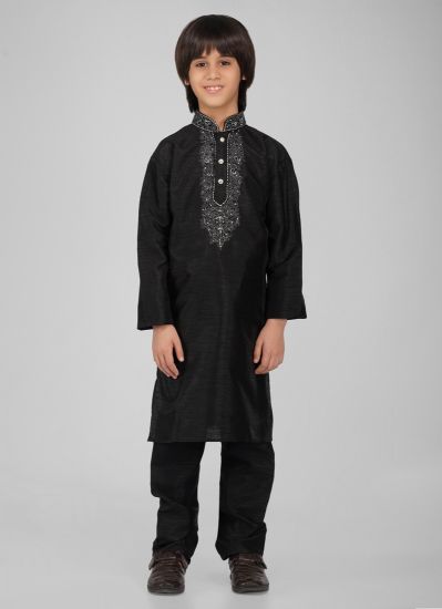 Buy Boy's Black Zari Embroidered Raw Silk Kurta Pajama Set