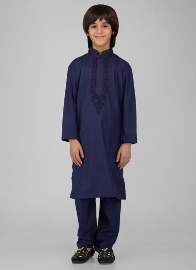 Buy Boy's Navy Blue Poly Viscose Embroidered Kurta Pajama Set