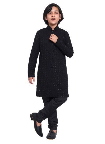 Kid's Black Chickankari Kurta Pajama Set