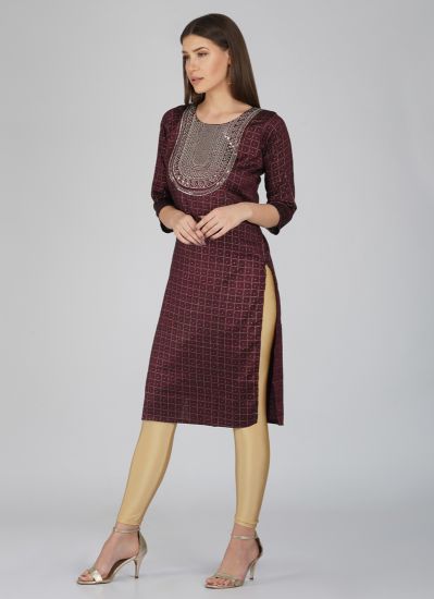 Wine Rayon Straight Cut Embroidered Kurti