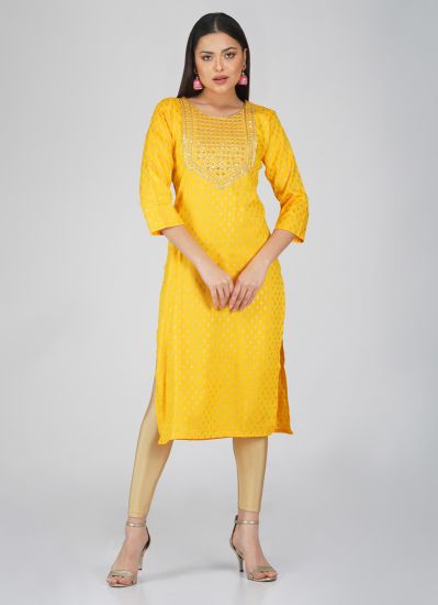 Yellow Cotton Gold Embroidered Kurti