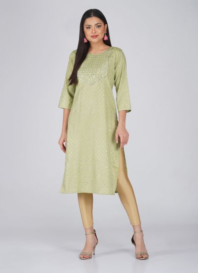 Green Cotton Gold Embroidered Kurti