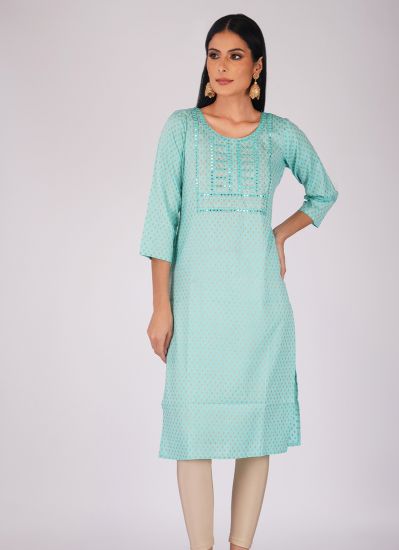 Blue Cotton Mirrorwork Embroidered Kurti