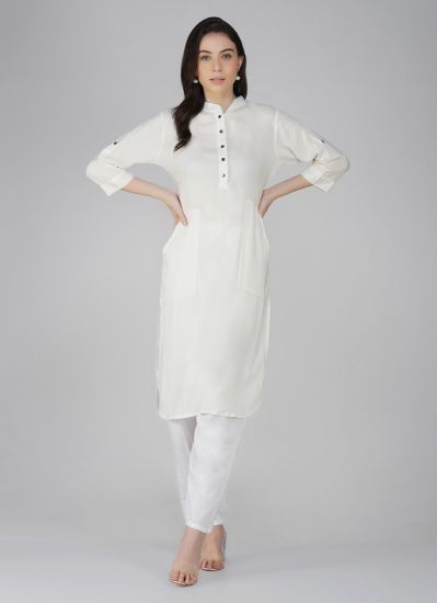 Buy White Rayon Straight Cut Buttons Kurti