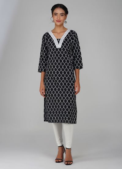 Black Cotton Criss Cross Printed Kurti