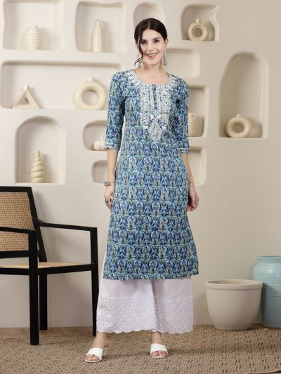 Blue Printed Chikankari Embroidered Kurta