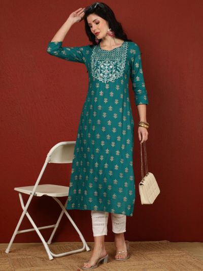 Teal Printed Embroidered Kurta