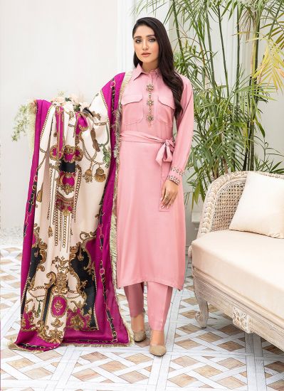 Blush-Pink A-Line  Wool Shawl Suit Set