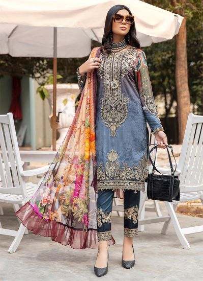 Blue Linen Straight Cut Embroidered Suit Set
