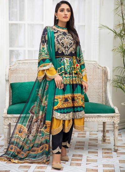 Green Linen A-Line Embroidered Suit Set
