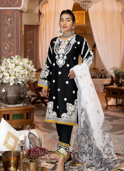 Black-White Embroidered Straight Cut Suit Set