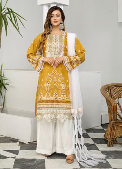 Mustard Straight Cut Embroidered Suit Set