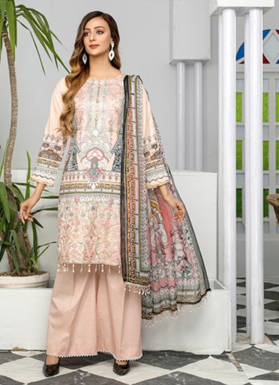Shop Peach Grey Straight Cut Embroidered Ladies Suit