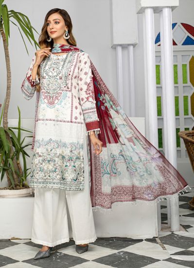 White Maroon straight Cut Embroidered Suit Set