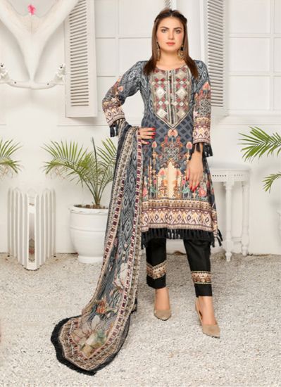 Shop Grey Black Frock Style Embroidered Ladies Suit