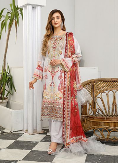 Buy Off White Straight Cut Embroidered Ladies suit