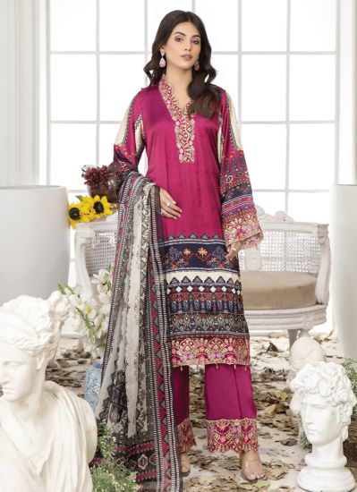 Magenta Shamooz Silk A-Line Pakistani Suit With Trouser & Dupatta