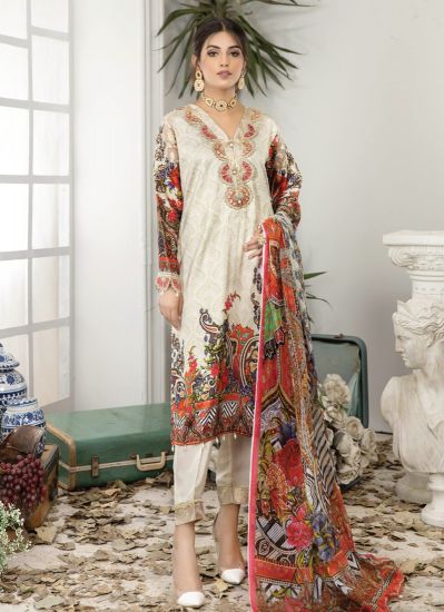 Cream Shamooz Silk A-Line Pakistani Suit With Trouser & Dupatta