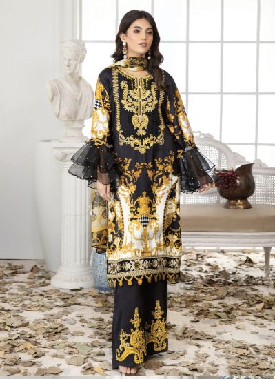 Black-Yellow Shamooz Silk Pakistani Suit With Trouser & Dupatta