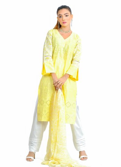 Yellow Chicken Pakistani Lawn Suits With Trouser & Dupatta